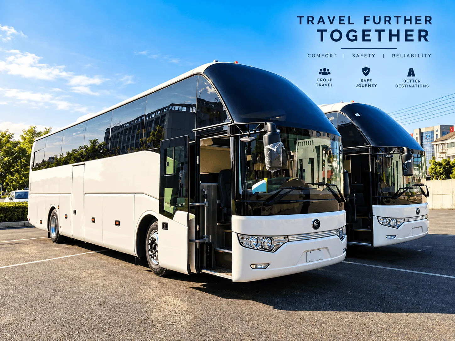 Two modern white luxury coaches parked together, showcasing professional passenger transport vehicles.