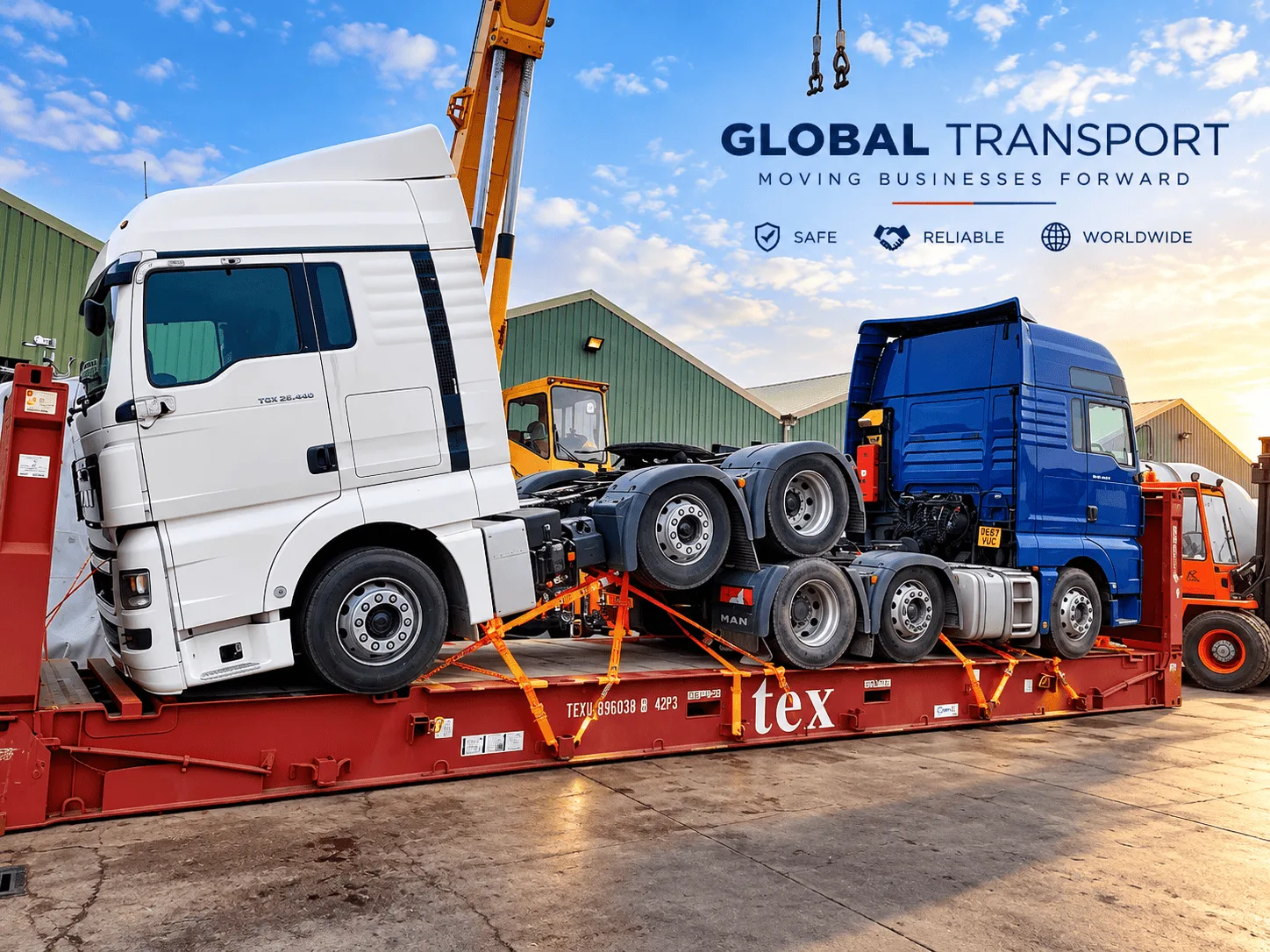 Commercial trucks secured on a transport platform, representing reliable global vehicle transportation and logistics services.