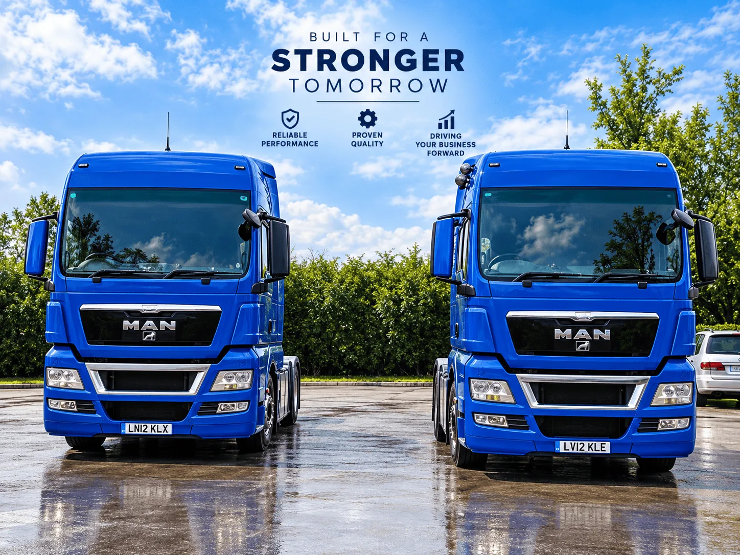 Two blue MAN prime mover trucks parked side by side in a commercial vehicle yard.